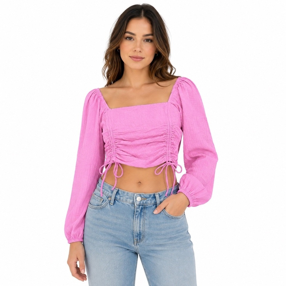Sophie Rue Pink Ruched Crop Top Long Sleeve Smocked Back Square Neck Size L